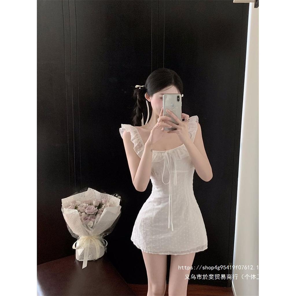 French Lace-up Square Neck Small Flying Sleeve Dress Women's Summer Gentle White Short Skirt, Thin Waist Skirt