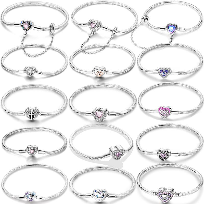 925 Silver Heart Shaped Series Love Forever Shining Zircon Bracelets Fit DIY Charm Beads Birthday Jewelry Gift