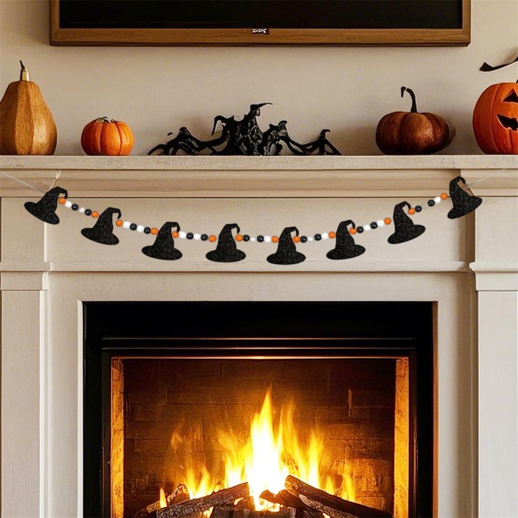 Halloween Wooden Bead Garland with Ghosts and Bats for Spooky Mantel Decorations and Photo Props Haunted House Theme