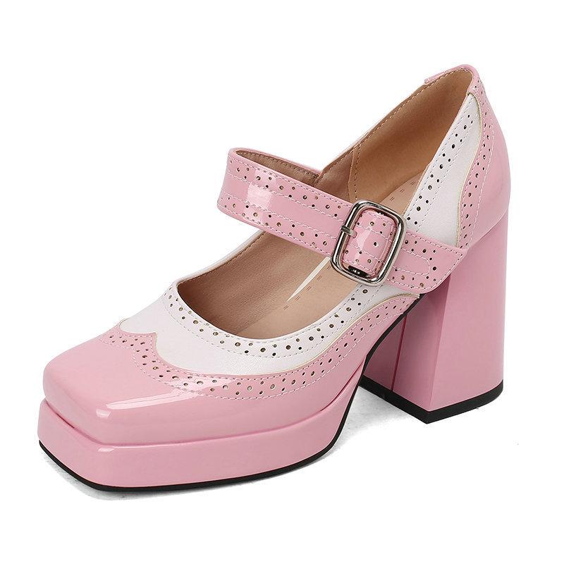 Square head thick-soled thick-heeled super-high-heeled women's single shoes patent leather Brock burning flowers spell spring and autumn Lolita
