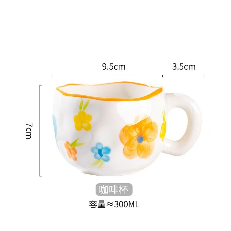 300ML Korean Style Hand Pinched Irregular Ceramic mug Hand-painted Flower Heart Coffee Cup Breakfast Milk Afternoon tea cup Gift