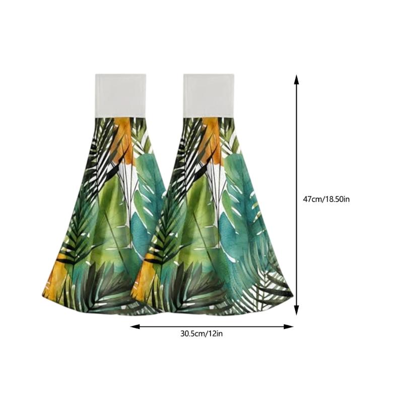 2Pcs Space Saving Hanging Hand Towels Quick Dry Absorbent Leaf Pattern Kitchen Tie Towel Dish Cloth with Hanging Loop