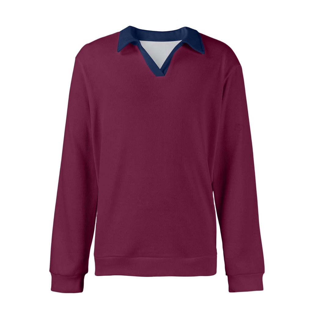 Men's Casual Color-Block Collared Long-Sleeve Knit Base Layer Top