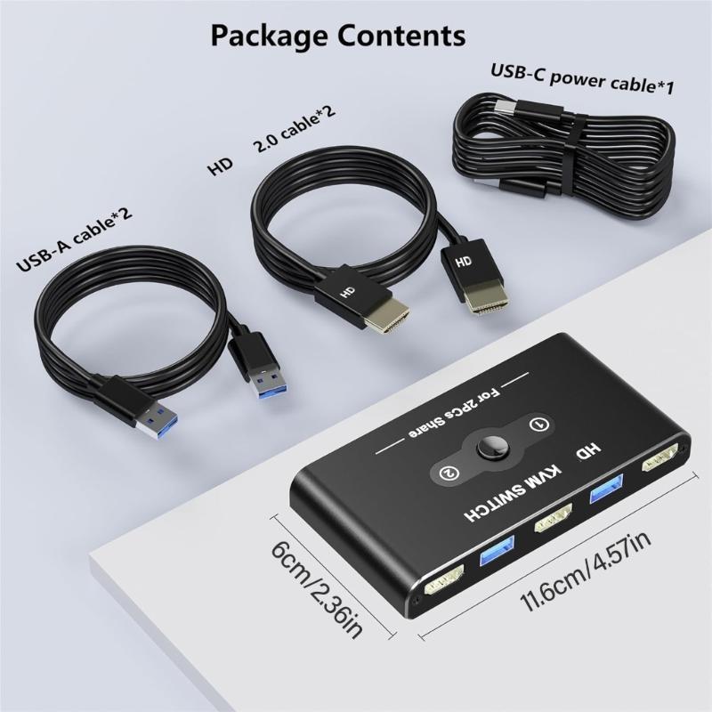 KVM Switcher HDTV-compatible 4K60Hz for Smooth Switching Between 2 Computers Sharing 1 Screen and USB3.0 Devices