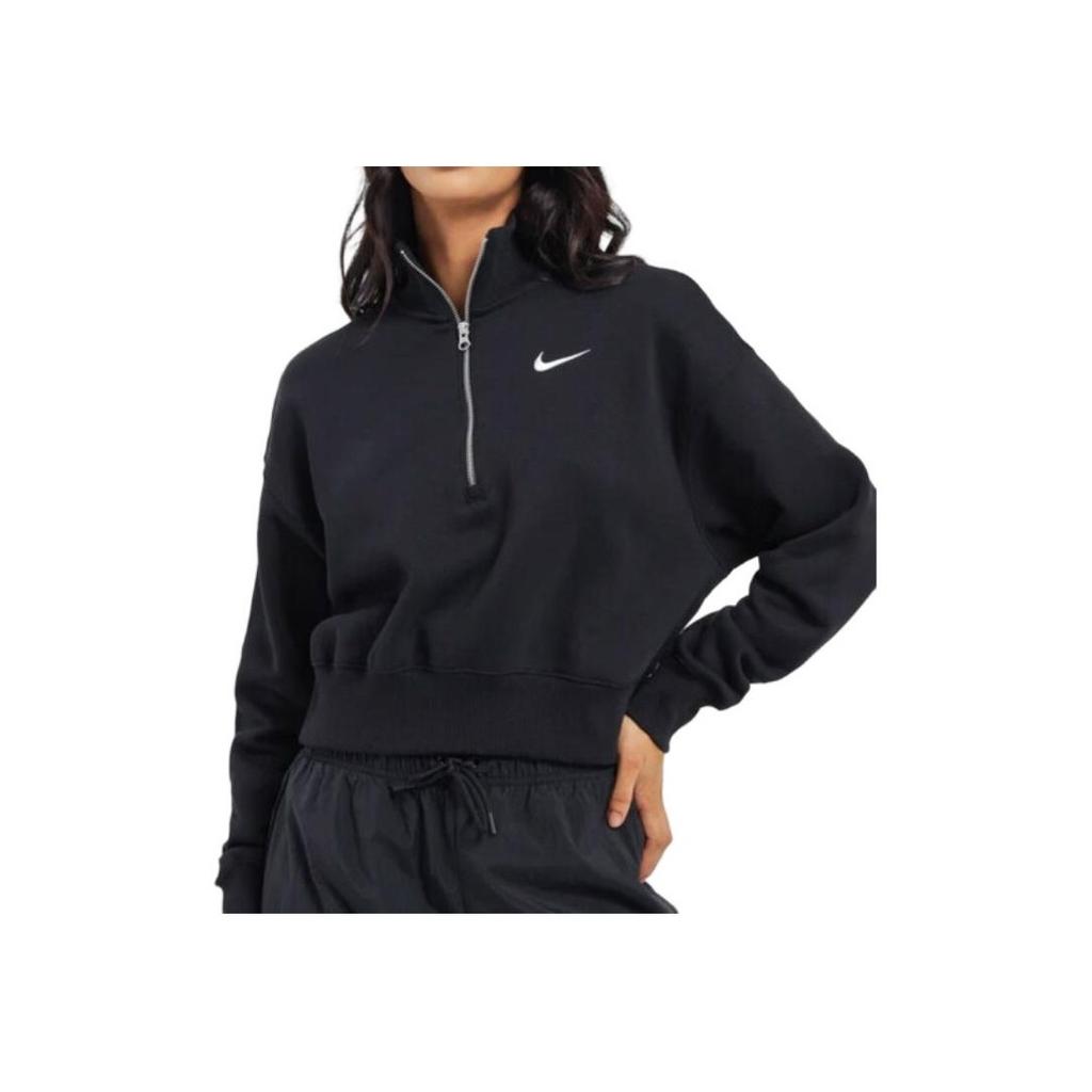 Nike Solid Color Stand Collar Half-Zip Casual Sport Long Sleeve Sweatshirt Women Tops Black DQ5768-010