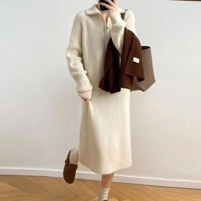 Zipper Lapel Knit Sweater Dress Women Autumn/Winter Long High Neck Woolen Dress Straight Barrel French Long Sleeve Dress Female