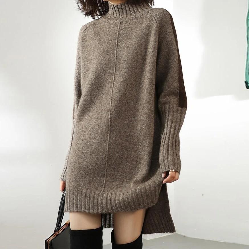 Autumn New Style Half-high Collar Color Matching Dress Sweater Ladies Mid-length Blouse Loose Large Size Knitted Skirt Outer Wear