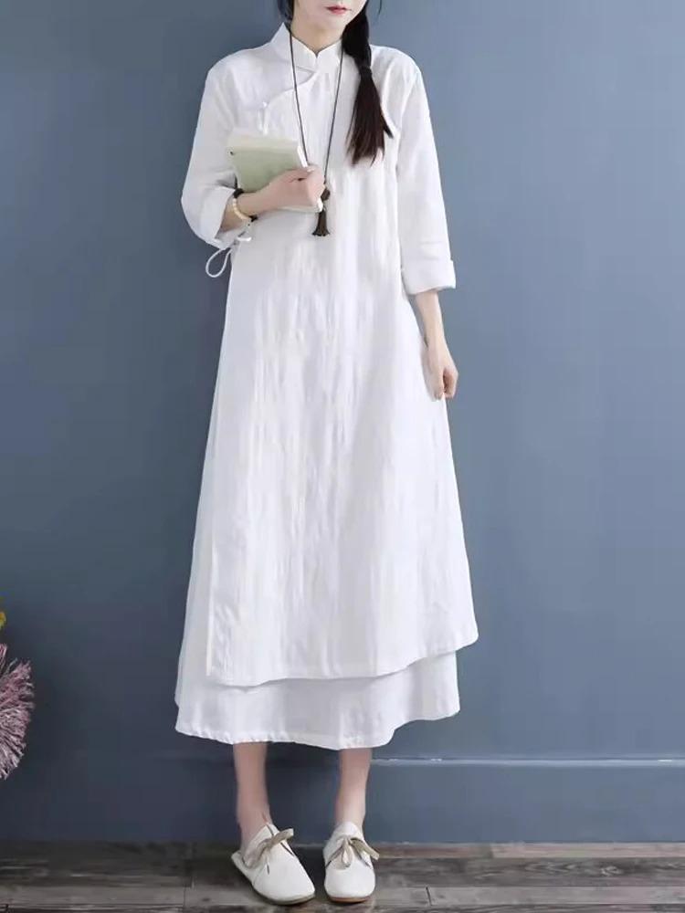 Robe Printemps Femme Vestidos Robe Elbise Lâche Grande Taille Coton Lin Double Couche Longue Robe