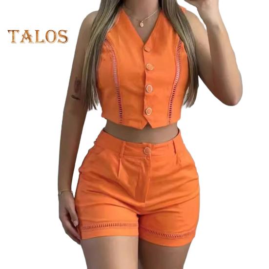 

Женский комплект из двух предметов, без рукавов, комплект из жилета с V-образным вырезом на пуговицах и шорт с карманом, летний повседневный наряд S оранжевый