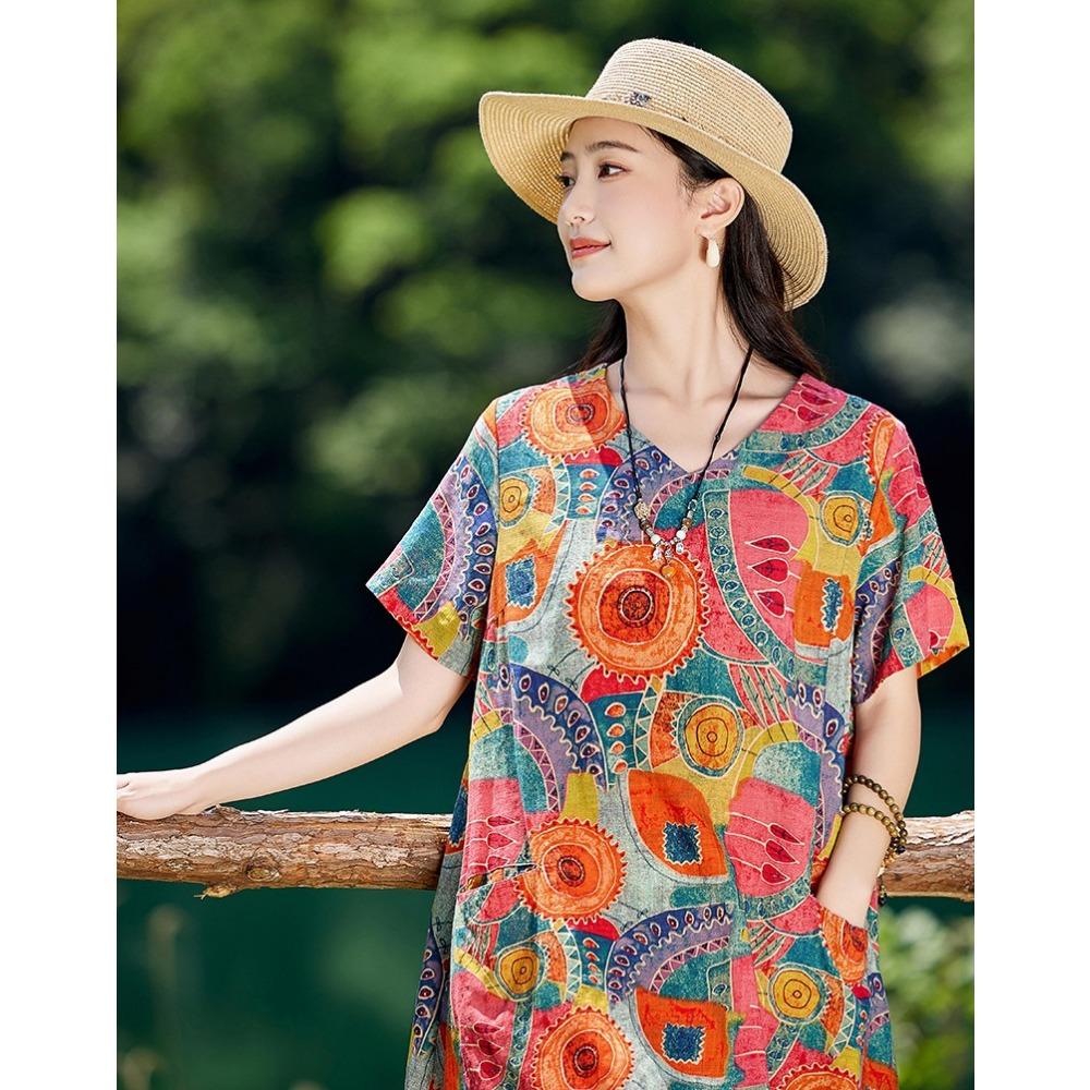 

DIMANAF 2025 Новое льняное платье больших размеров Летнее женское с коротким рукавом V-образным вырезом Свободное с принтом Базовое Новое большого размера One Size