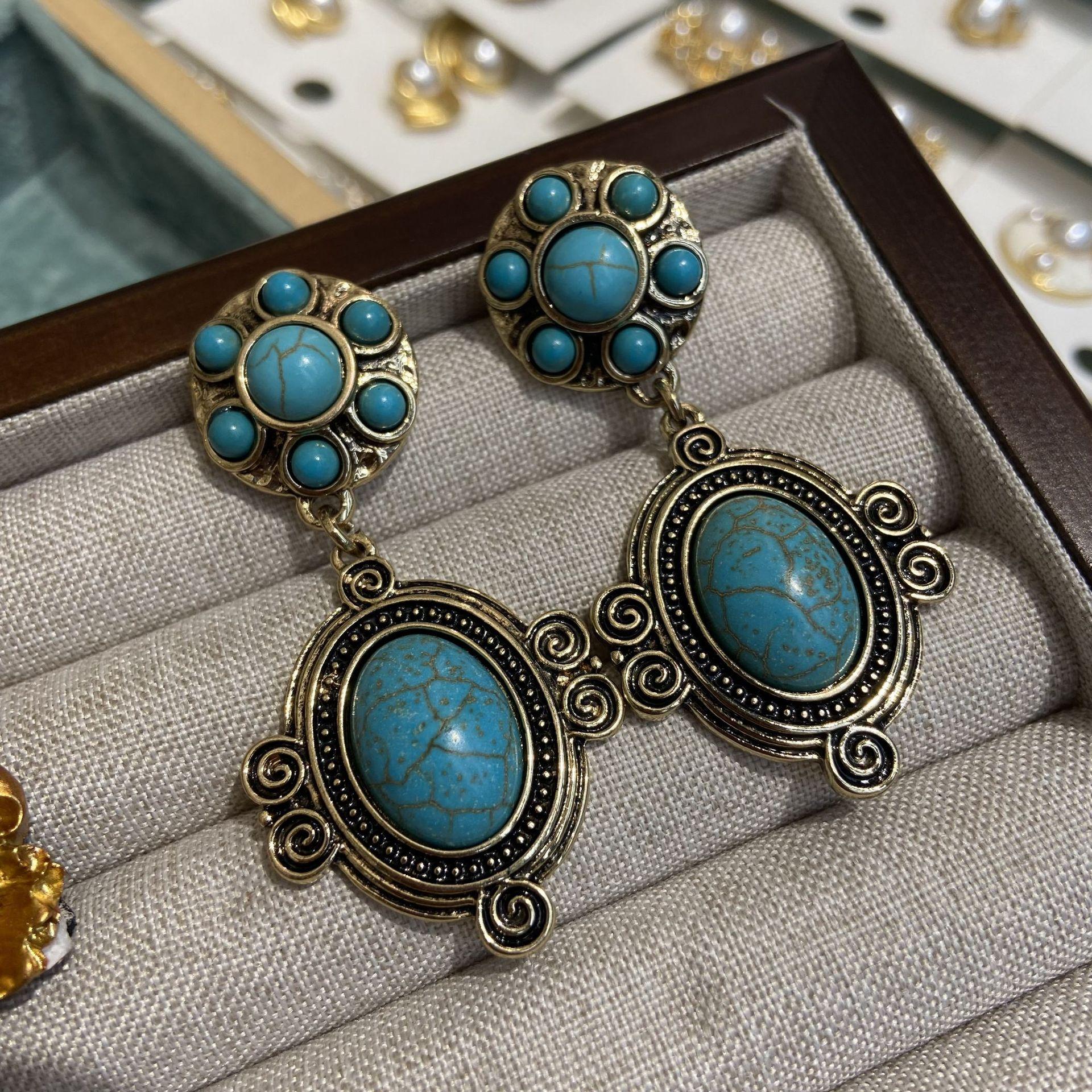 

Винтажные овальные серьги из золота и бирюзы, высококачественные серьги в старинном стиле с покрытием из настоящего золота S925.
