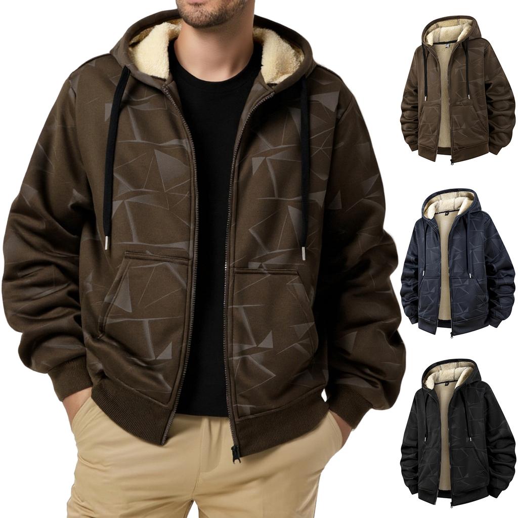 Men's Casual Solid-color Long-sleeved Zippered Cardigan Hooded Jacket, Men's Fleece Thickened Warm Loose Jacket