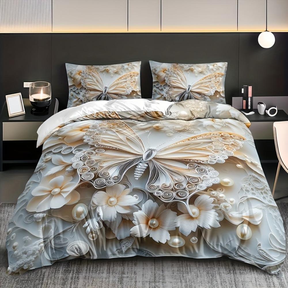 

3pcs Champagne Bedding Set Butterfly Flower Printed Cozy Duvet Cover Set King Queen Twin Single Size Birthday Gift Bedroom Decor EU Single 135x200cm