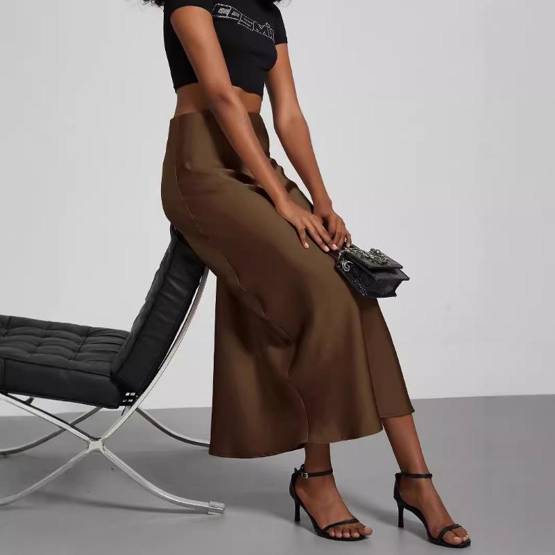 Women's European American Style Fashion Satin Texture Skirt Versatile Solid Color Glossy Mid-length