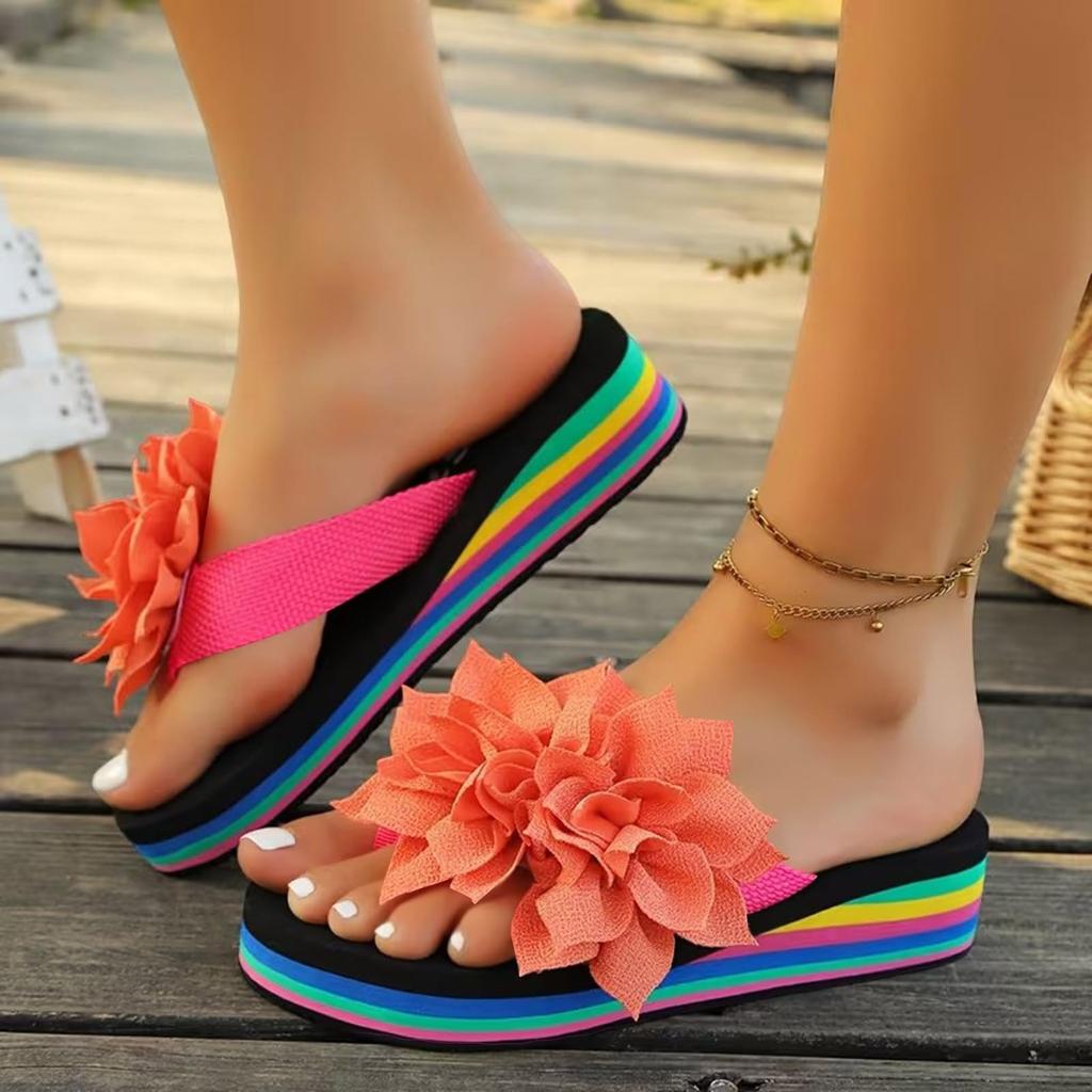 Women Floral Slide Sandals Platform Thick Sole Open Toe Casual Vacation Slip On Summer Beach Footwear