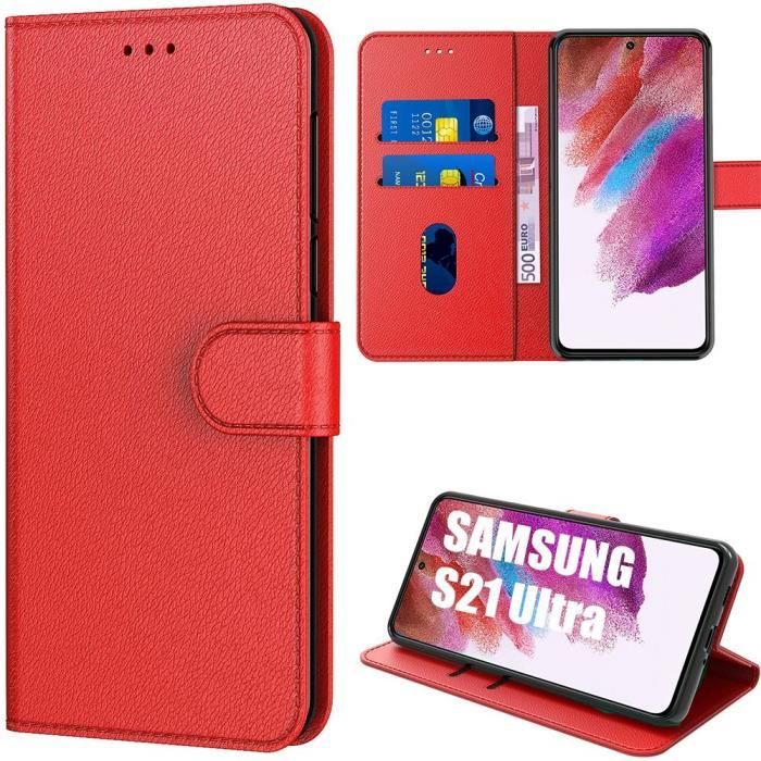 Coque - BOOLING - pour Samsung S21 Ultra - Rouge - Protection 360° - Effet Cuir - Support Vidéo