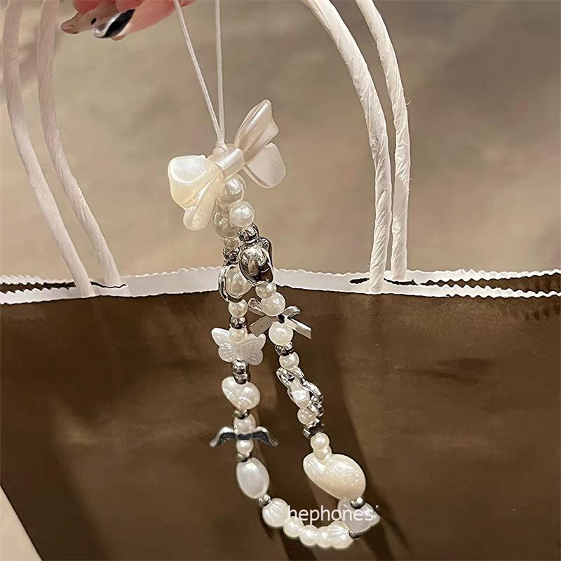 INS Bowknot Suitable Phone Case Chain DIY Pearl Baroque Style Phone Chain CCD Camera Pendant for Girls