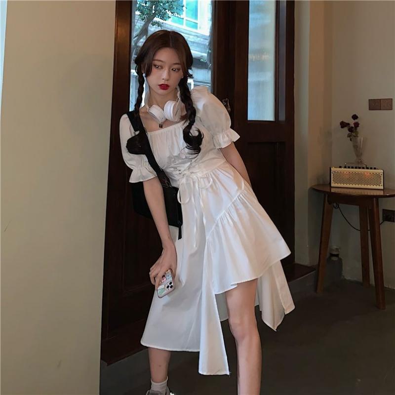 Irregular Hem Solid Color Dresses Female Summer Design Sense Bubble Sleeve Dress