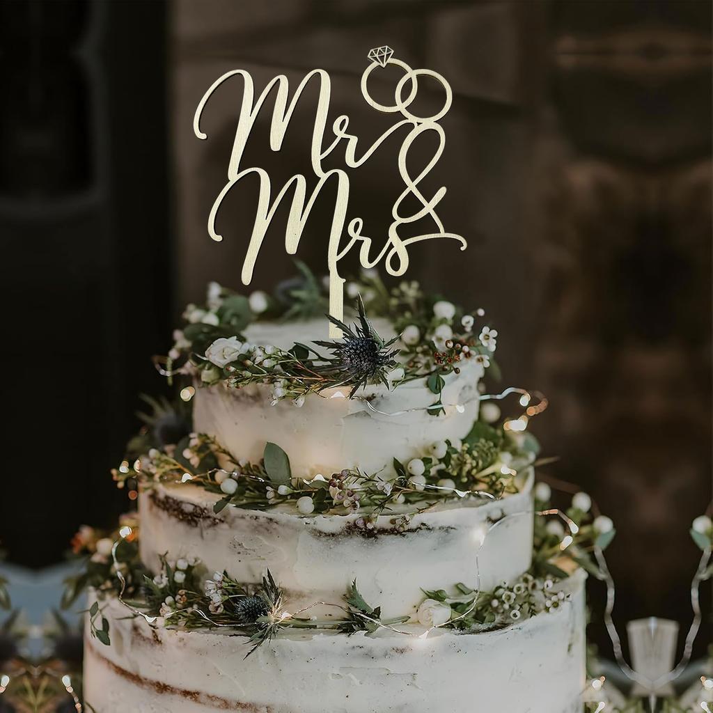 Topper Tort Mr & Mrs Topper Tort Nuntă din Lemn Perfect pentru Petreceri de Logodnă, Nuntă, Petreceri ale Miresei și Aniversări