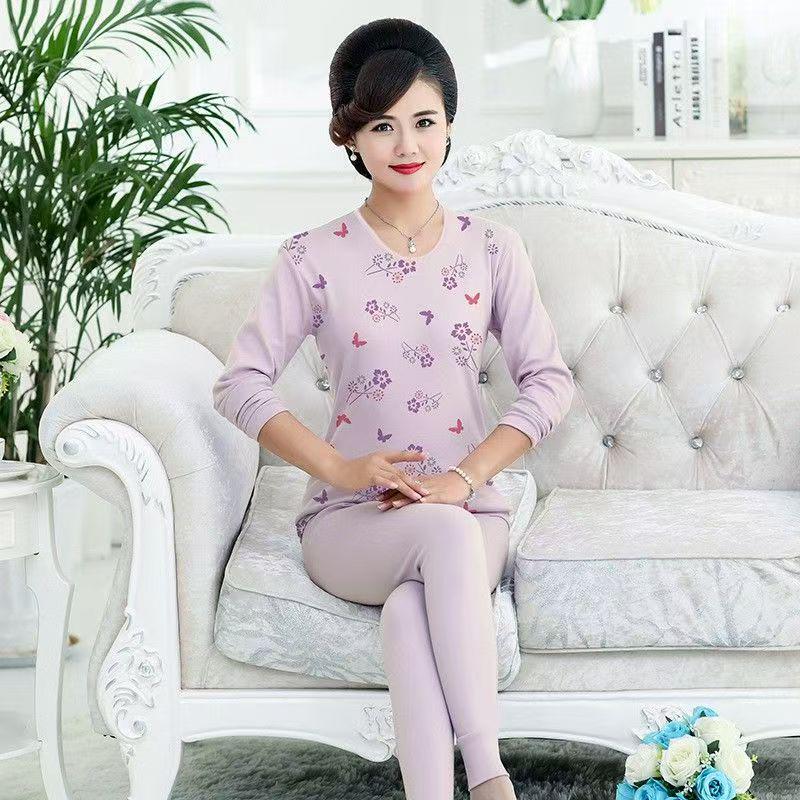 Plus Size Pure Cotton Thermal Underwear Set for Mature Women - Autumn Top & Trousers with Cotton Wool Sweater