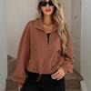 Fall Winter High Neck Zipper Drawstring Pocket Women Loose Baseball Jacket Coat