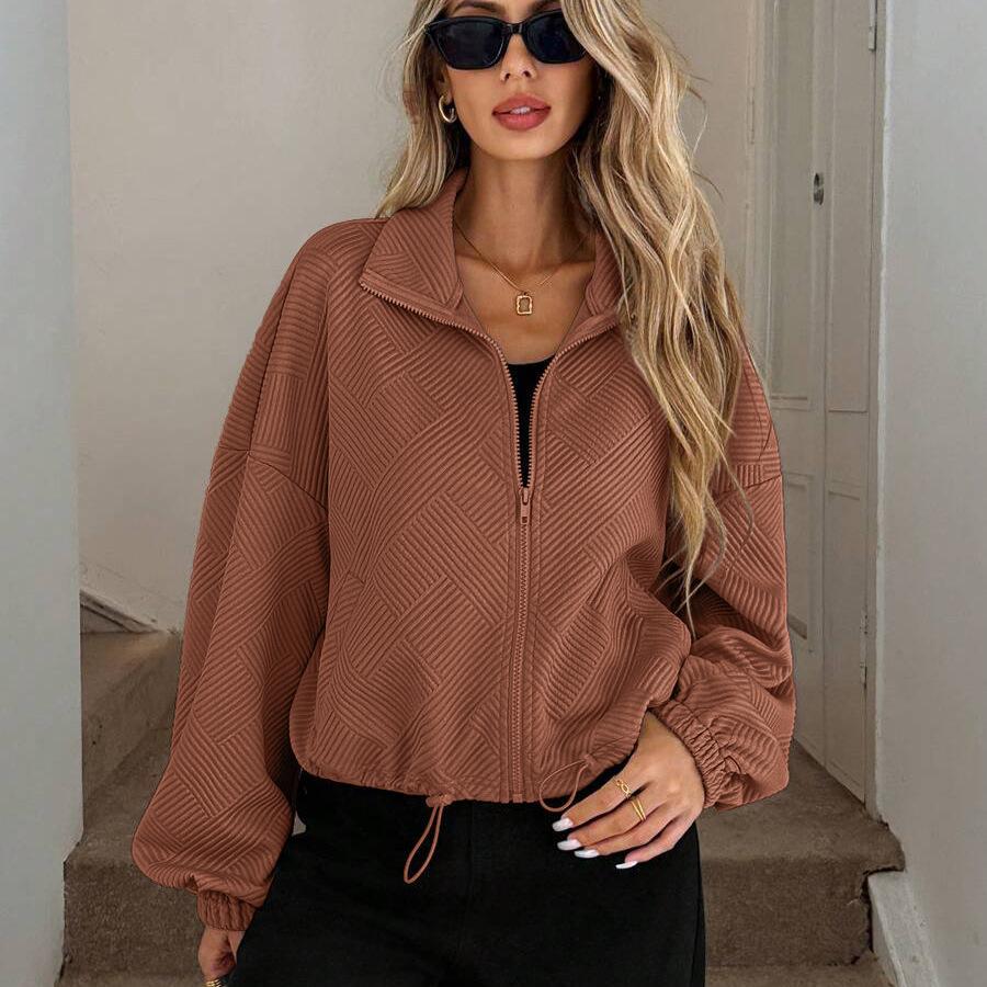 Fall Winter High Neck Zipper Drawstring Pocket Women Loose Baseball Jacket Coat