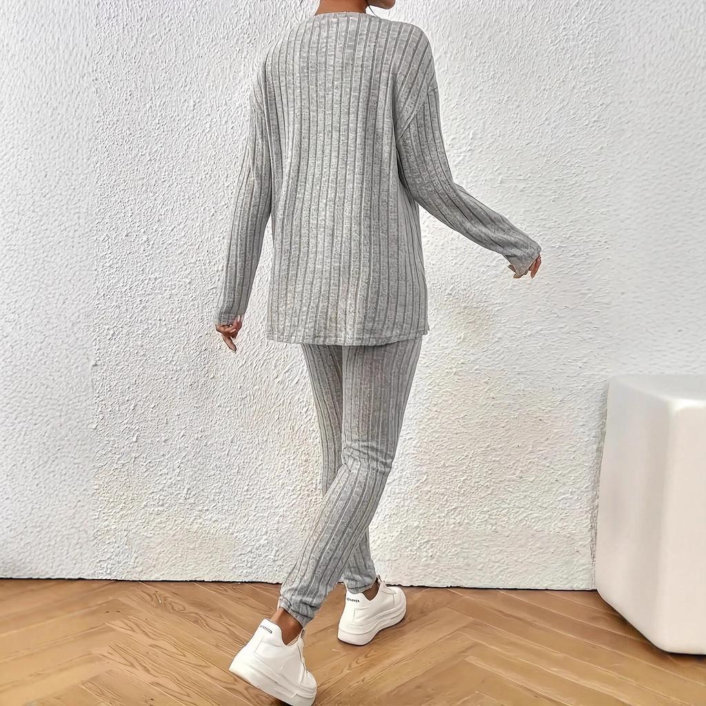 2025 Autumn Women's Fashion: European & American Casual Round Neck Ribbed Knit Suit - New Style, Loose Fit