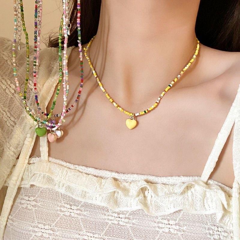 Versatile Mori candy color love beaded necklace female cute girl wind sweet temperament collarbone chain new