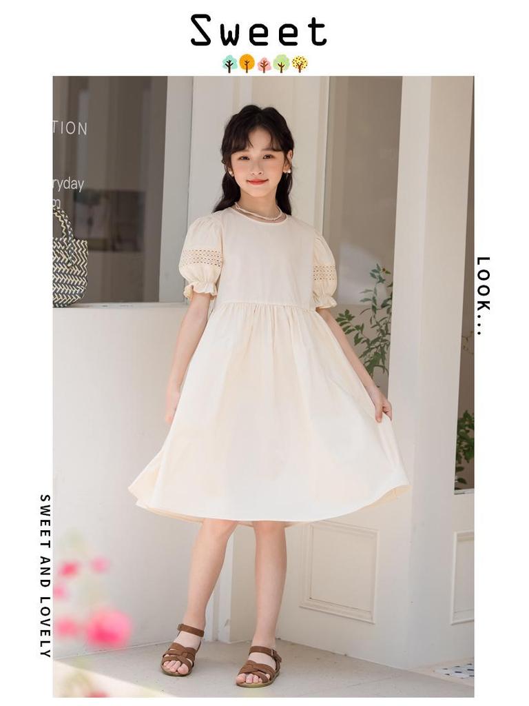 Mädchen Jumpsuit Kleid im koreanischen Stil mit Puffärmeln - Kurzarm einfarbig Kinderbekleidung 2025