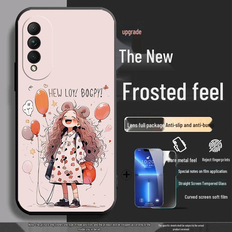 Black Cartoon Chinese Style Silicone Honor X20se Phone Case with Tempered Glass Protector