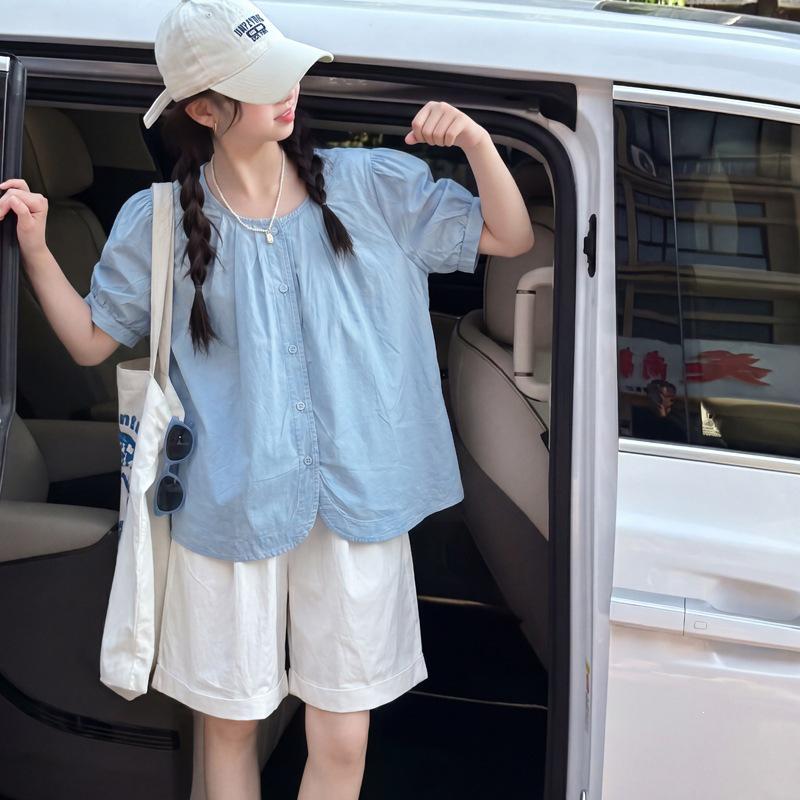 Girls' Korean Style Short-Sleeve Doll Shirt & Casual Shorts Two-Piece Summer Set