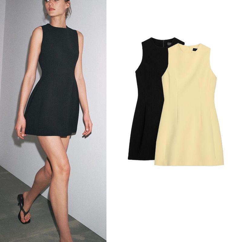 Summer New Product Women's Clothes French Pleated Design Hem Fluffy round Neck Short Sleeveless Dress 3123281