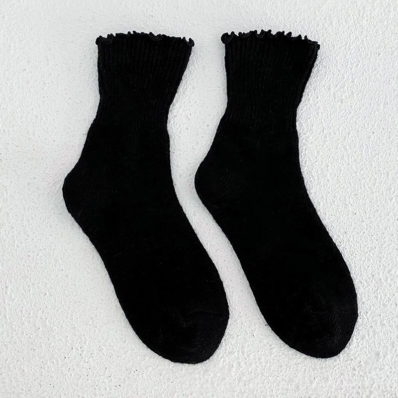 5 Pairs of Women's Autumn/Winter Solid Color Sweet Lace Thick Warm Wool Tube Stockings