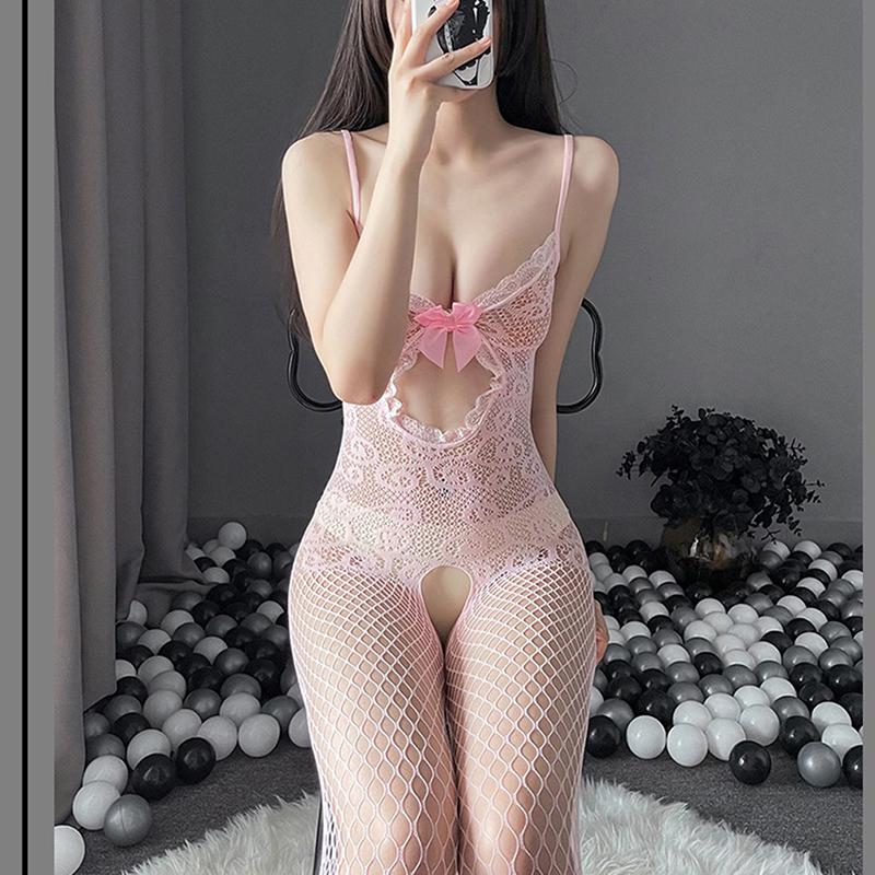 Sexy Women Girl Lingerie Elasticity Fishnet Mesh Tights Open Crotch Hollow Out Bodysuit Sex Pantyhose Lingerie Bodysuit Set Pink