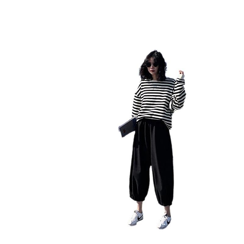Baumwolle Frühher Herbst Gestreift Langarm T-Shirt Damen Oberteile Student Dünnes Lockeres Sweatshirt Damenmode Retro Vielseitiges Sweatshirt