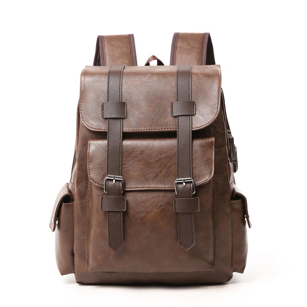 Schoolbag British retro brown light luxury PU college wind backpack male college students class travel versatile practical computer backpack