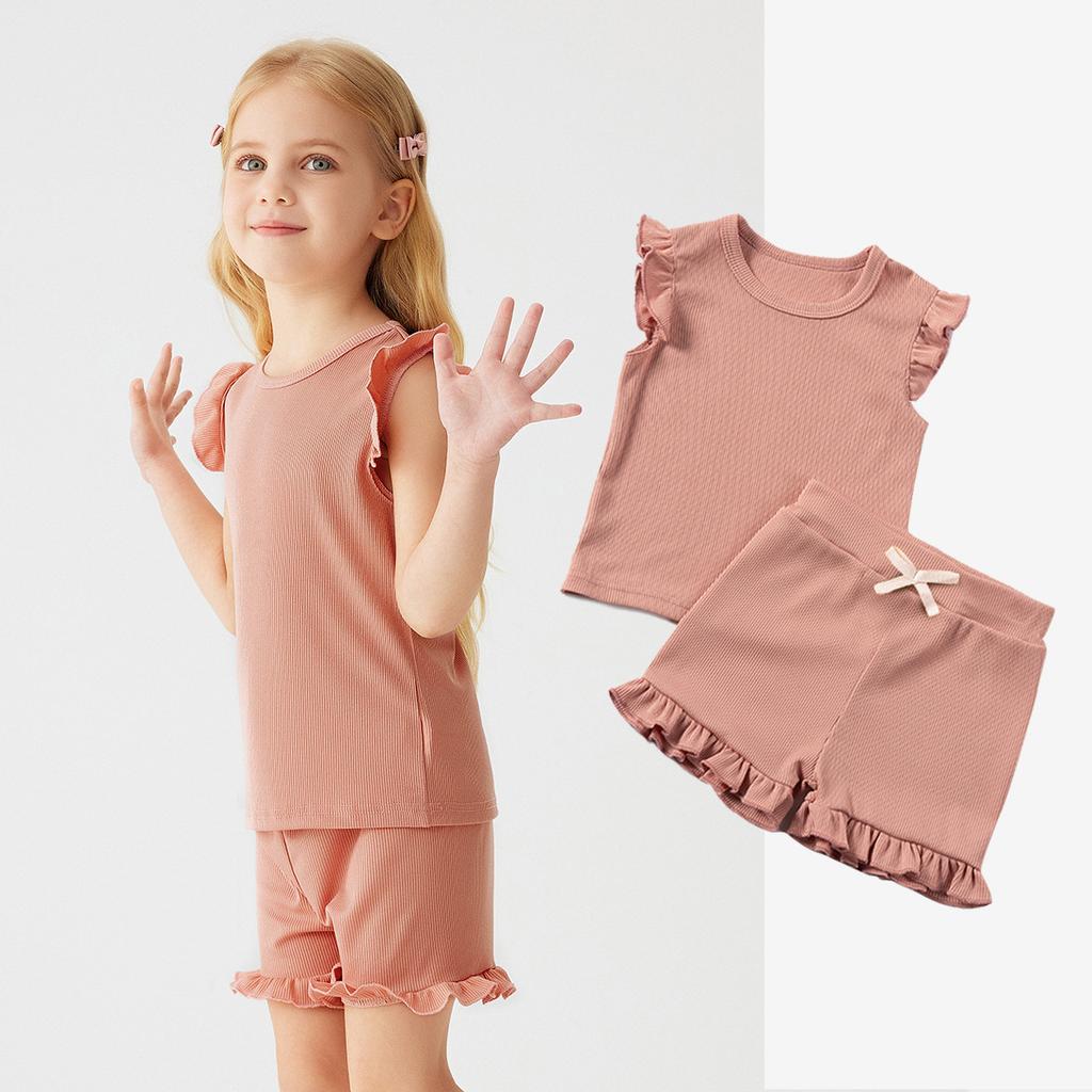 Girls' Solid Color Short Sleeve Shorts Set 2025 Summer Children's Fashion Set