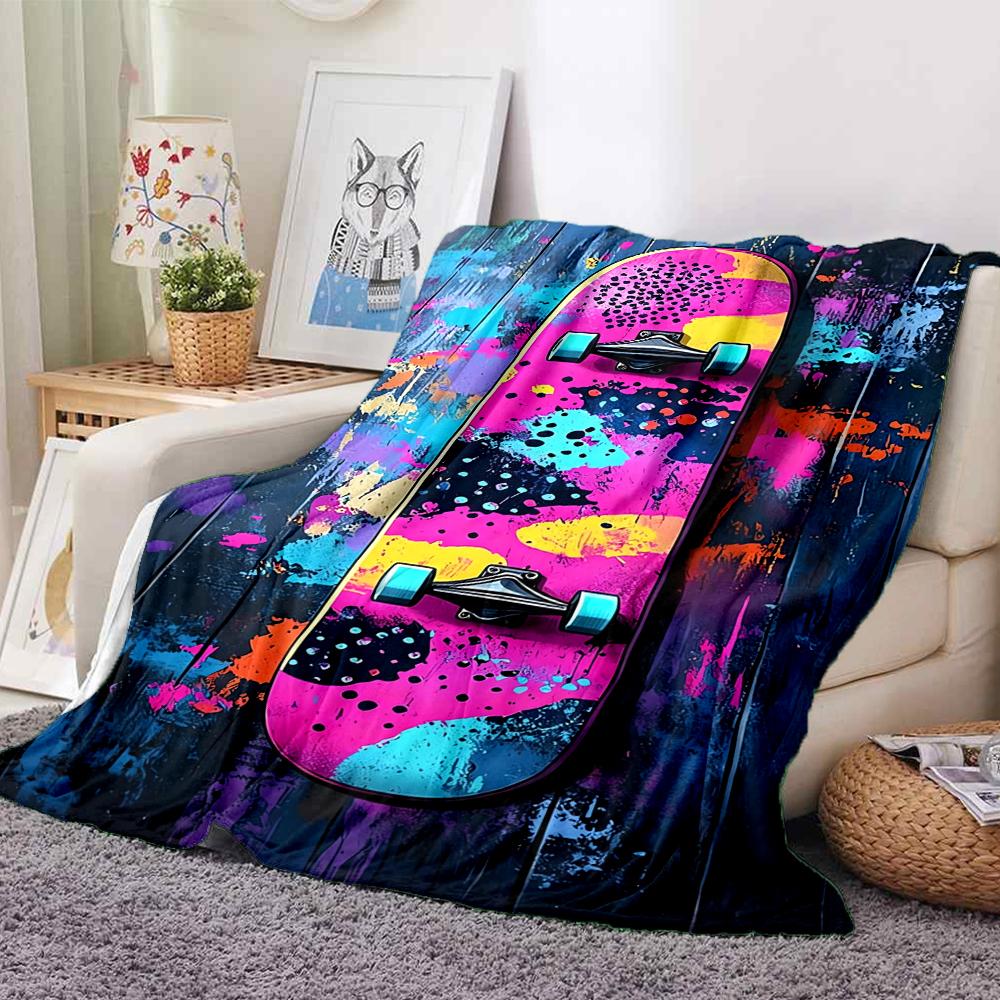 1Pc Colorful Skateboard Art Blanket Soft And Comfortable Casual Warm Camping Travel Christmas Halloween Xmas Gift M928488