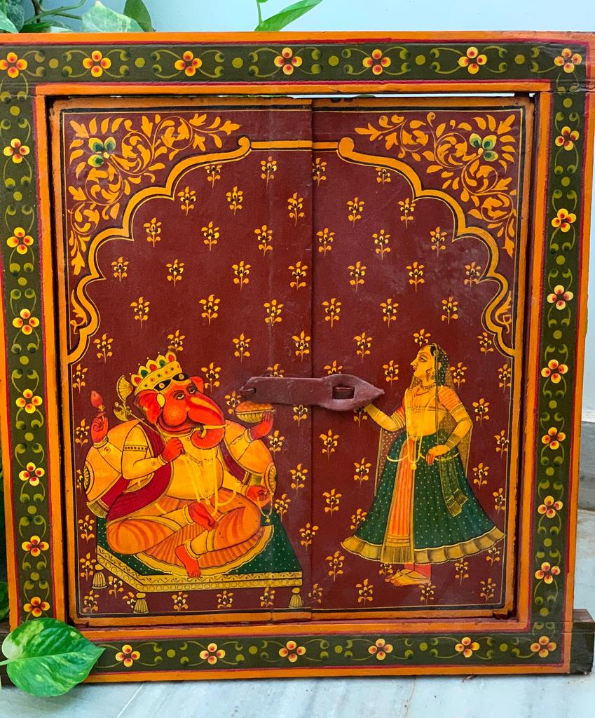 Hand Painted Ganesha Jharokha: Antique Wooden Window Wall Decor
