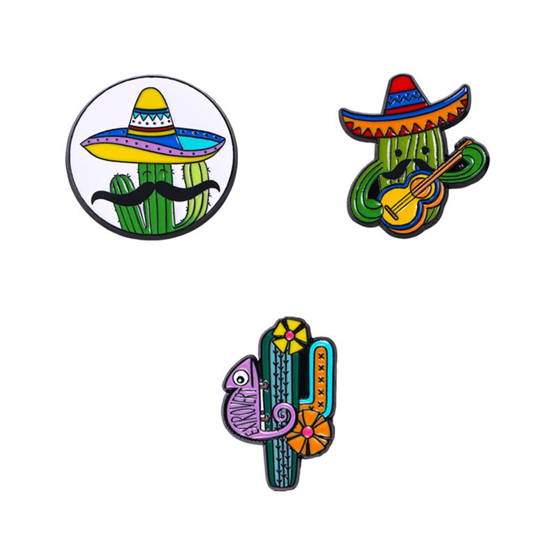 3 Styles Funny Desert Cactus Man Enamel Brooches Beard Guitar Extrovert Hat Cactus Pins For Backpack Bag Ornaments