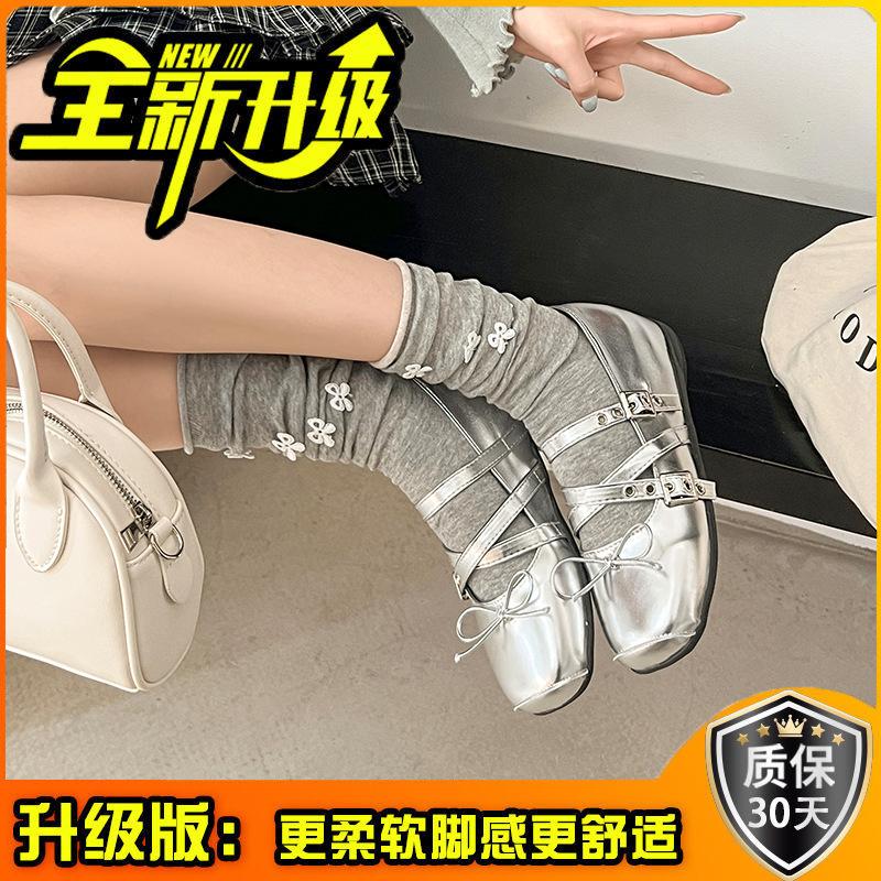French women's ballet shoes summer new retro bow inner height increase single shoes cross strap Mary Jane shoes women
