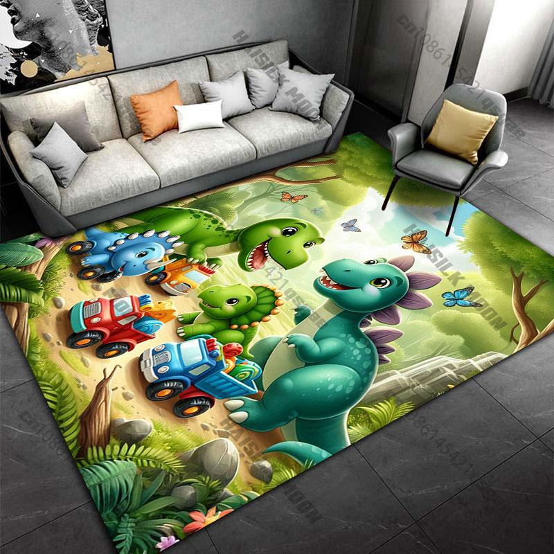 Dinosaurs Playing with Toy Trucks Carpet Yoga Living Room Room Decor Children's Crawling Mat Doormat Area Rug Games Mat