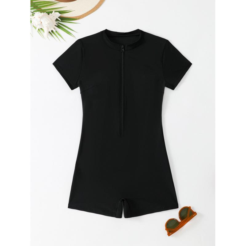 2026 European & American Women's Solid Color Zipper One-Piece Short Sleeve Swimsuit