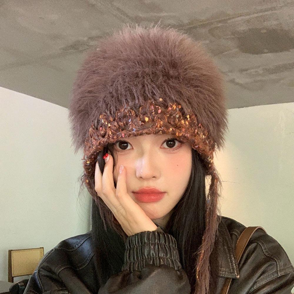 Mixed-color Straps Handmade Knitted Cap Ear Protection Winter Warm Cap  Women Girls Maiden