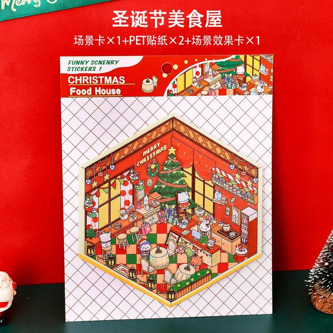3D Christmas Party Landscape Sticker Gourmet House Miniature Scene Decoration Stickers DIY Decor Mini Landscape Sticker Kids Gif