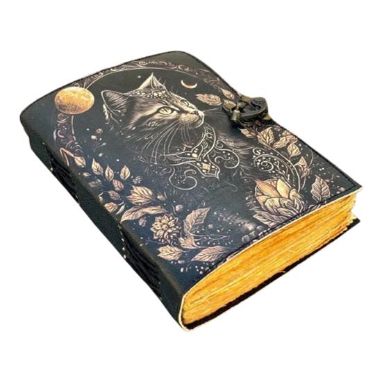 Handmade Black Cat Leather Journal | 5x7" Mystic Notebook | 200 Deckle Edge Pages | Moon & Floral Design Diary with Lock | Vintage Witchy Writing Book