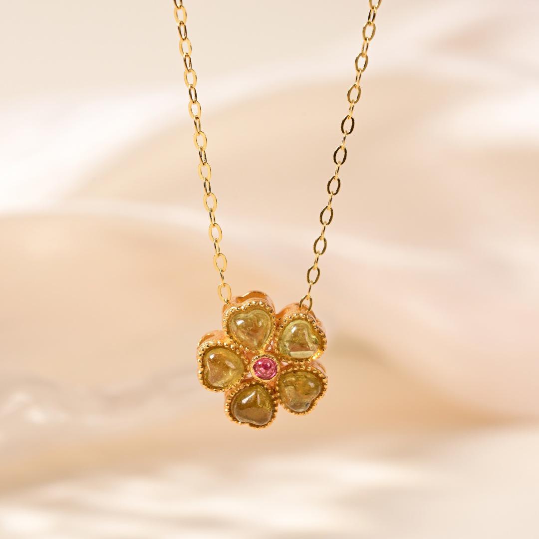 Sterling Silver Flower Necklace with Garnet, Hetian Jade, and Citrine Pendant S925 Silver