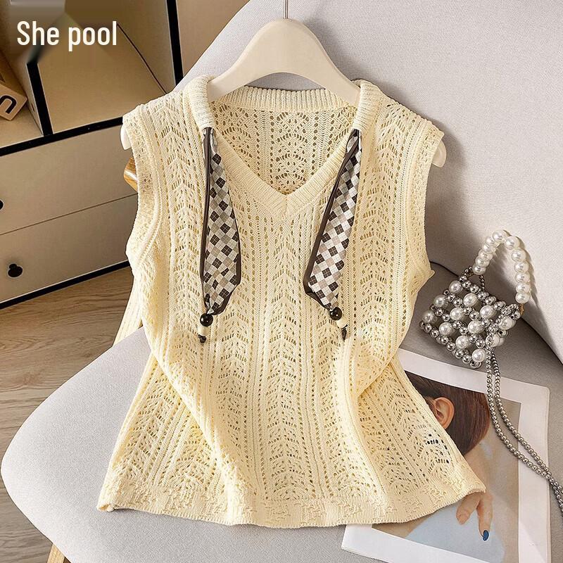 Women s French V-Neck Hollow Out Sleeveless Knit Top S