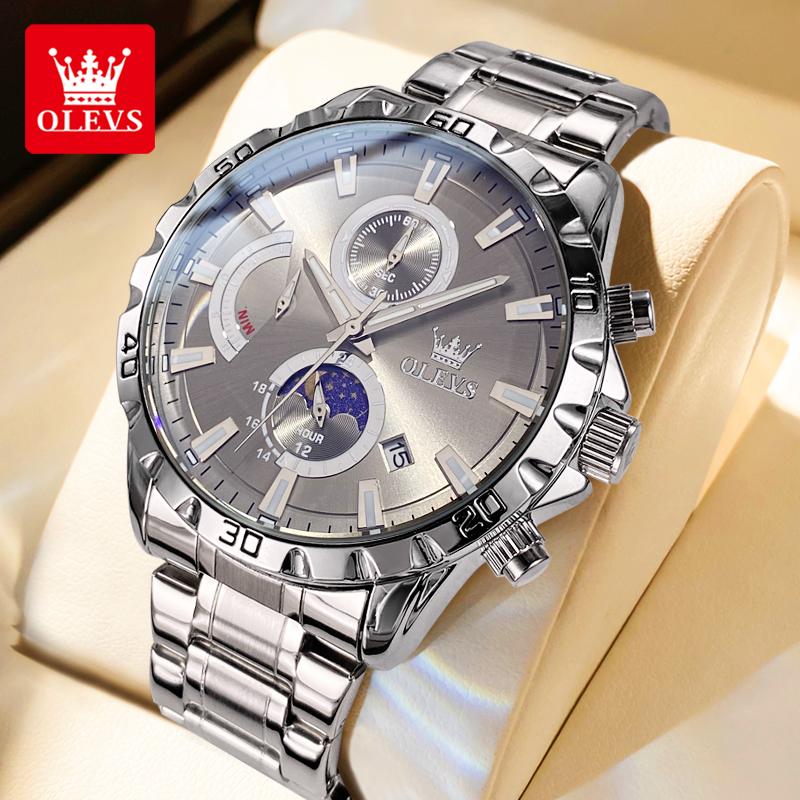 OLEVS 2953 45.5mm Big Dial Men's Watches Stainless Steel Moon Phase Waterproof Chronograph Original Quartz Wrist Watches for Man