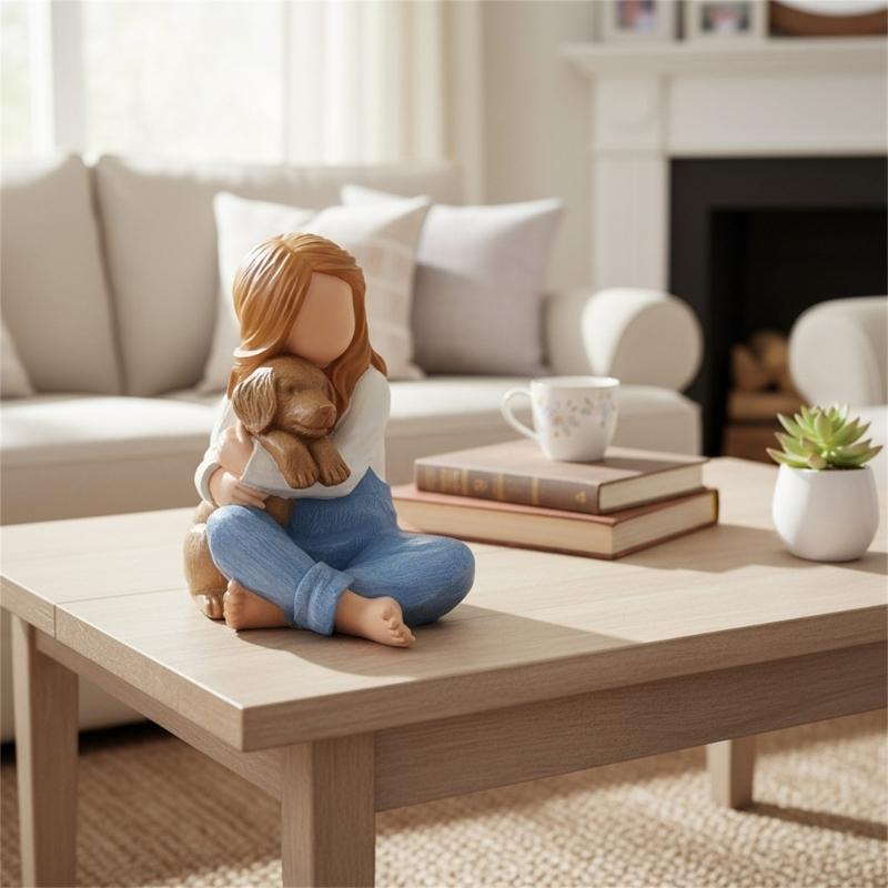 Little Girl Embraces Puppies Sculpture Resin Miniature Statue Loss of Pet Sympathy Gift for Living Room Bedroom Display